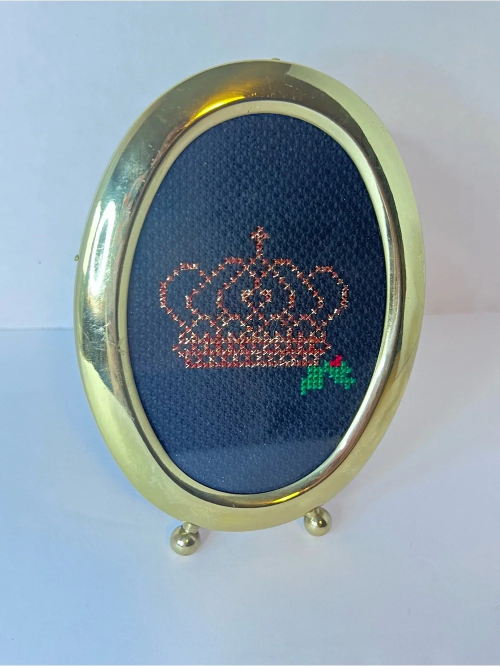 Small Vintage Gold Framed Cross Stitch Crown Needlepoint Picture Hand Stitched
